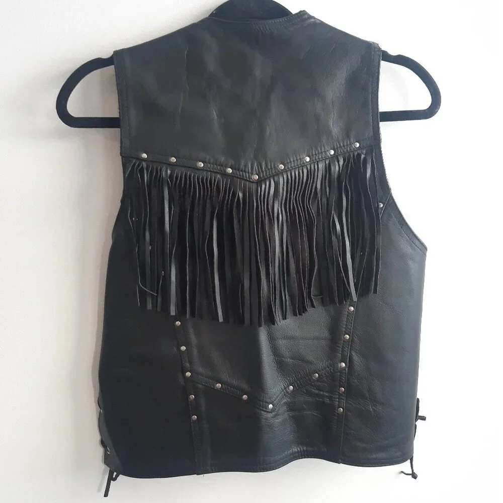 Vintage Genuine Leather Fringe Vest Biker Western Black Lace Up Made in Canada S - Picture 6 of 11